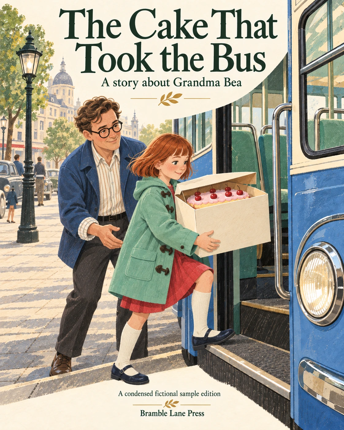 Finished illustrated cover of The Cake That Took the Bus, with the title, subtitle and Bramble Lane Press imprint set into the artwork.