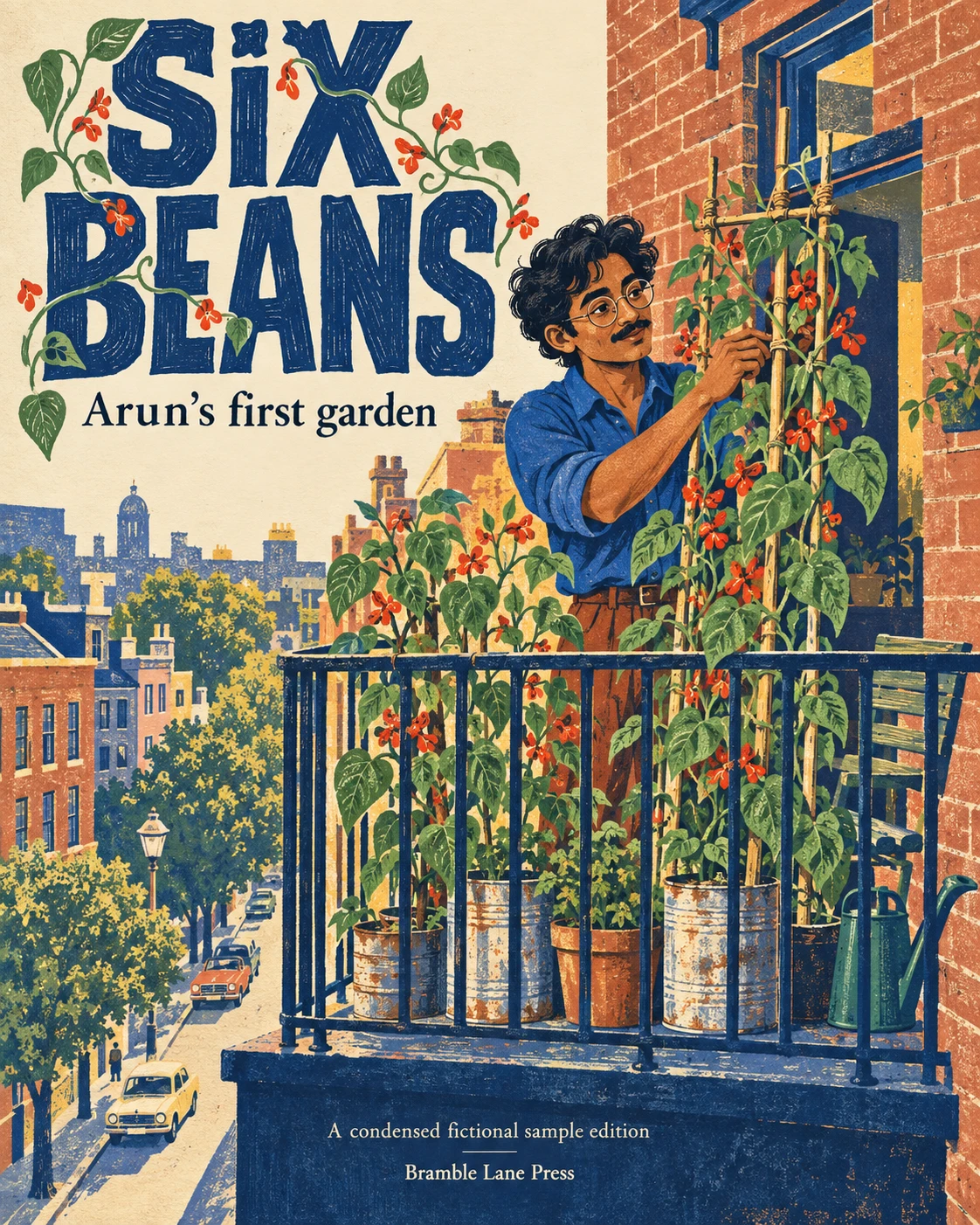 Finished illustrated cover of Six Beans, with the title, subtitle and Bramble Lane Press imprint set into the artwork.