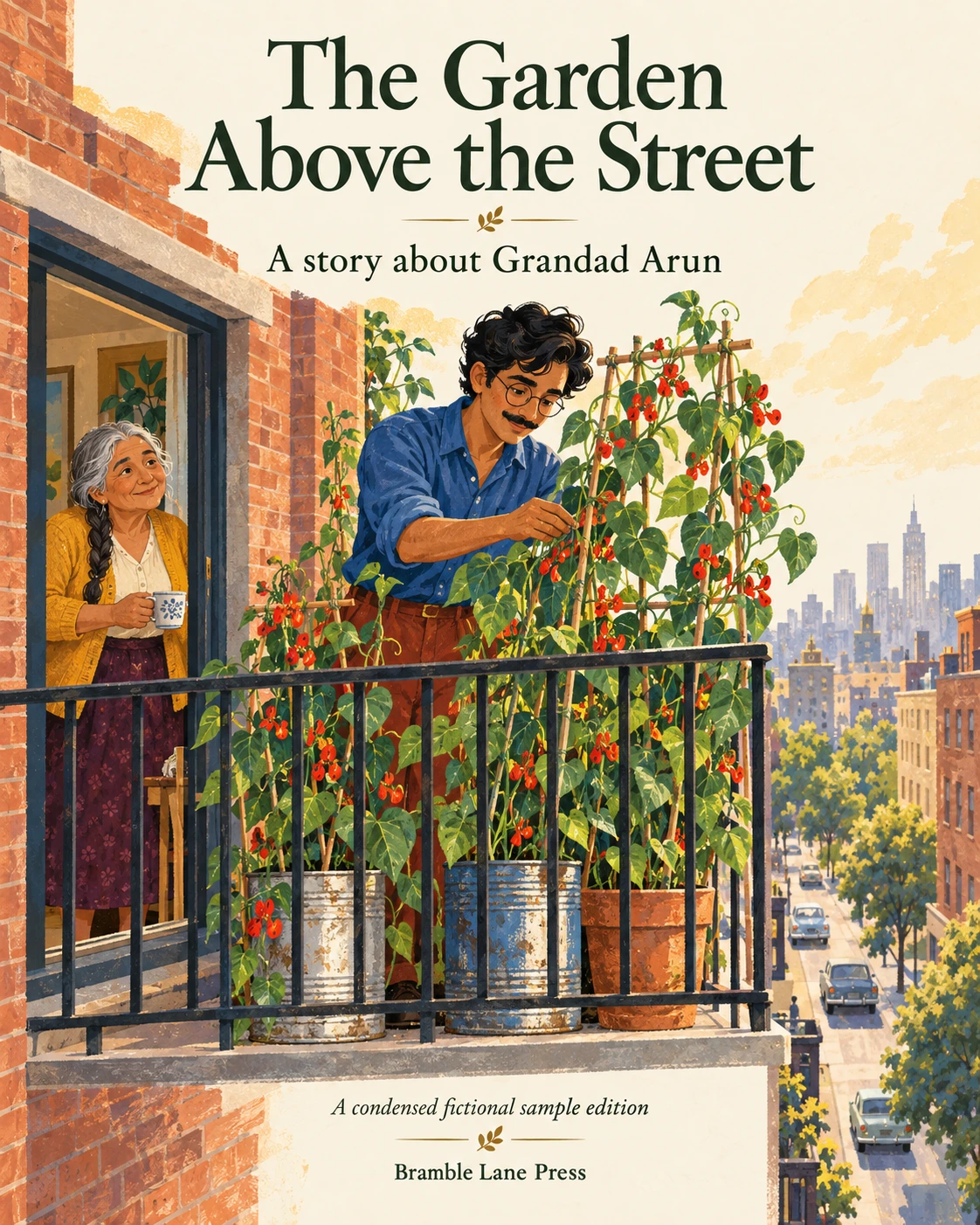 Finished illustrated cover of The Garden Above the Street, with the title, subtitle and Bramble Lane Press imprint set into the artwork.