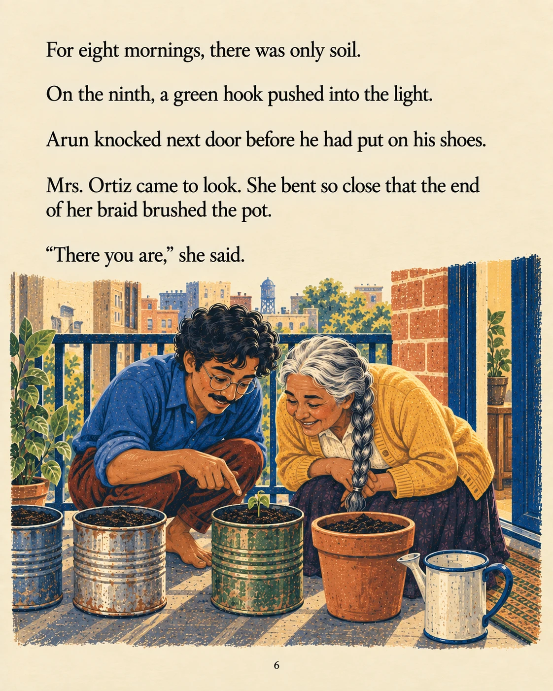 An illustrated scene from Six Beans