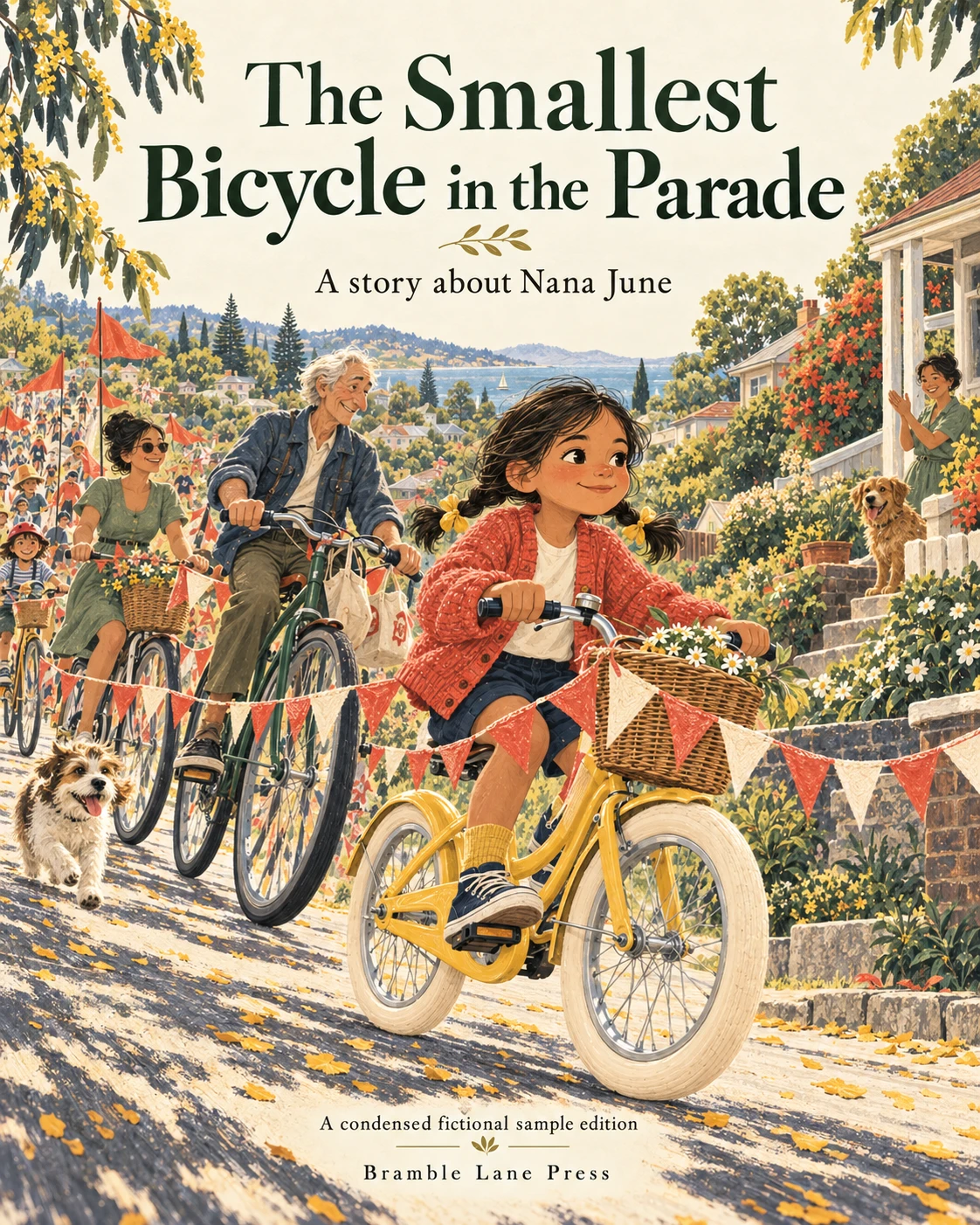 Finished illustrated cover of The Smallest Bicycle in the Parade, with the title, subtitle and Bramble Lane Press imprint set into the artwork.