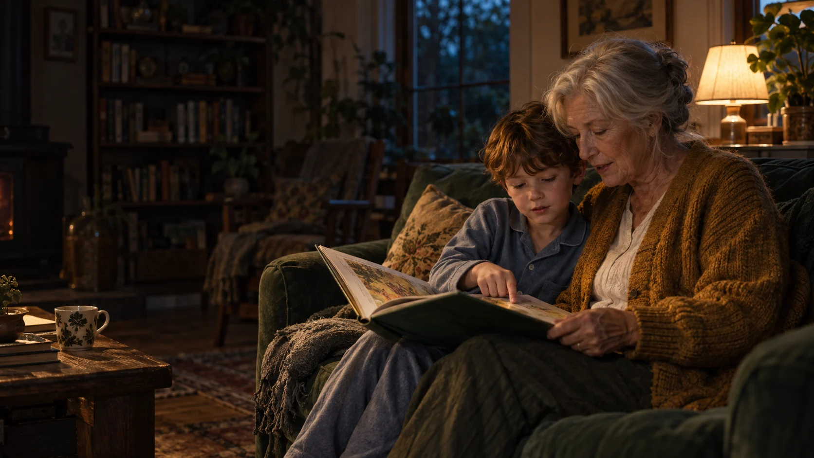 A grandmother and her young grandson reading together by lamplight
