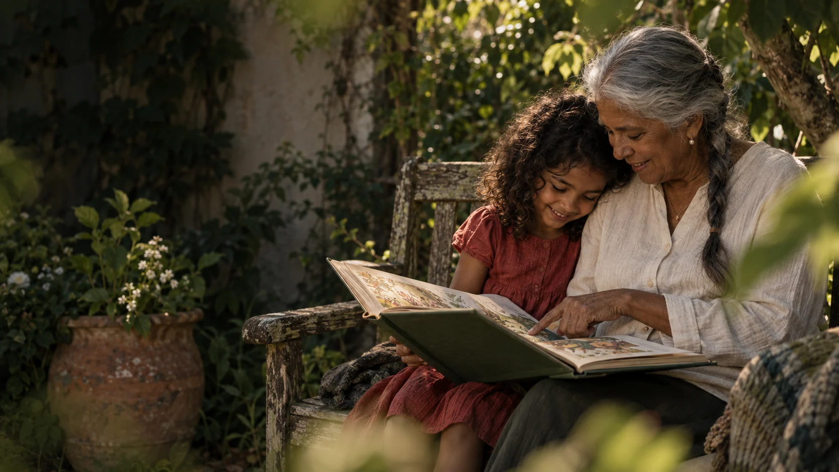 A grandmother and granddaughter sharing an illustrated book on a garden bench